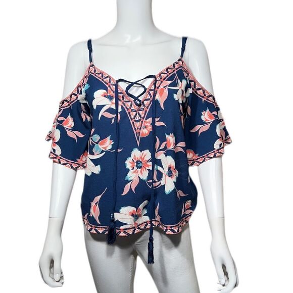 Cold Shoulder Tropical Top (Navy) - Picture 1 of 7